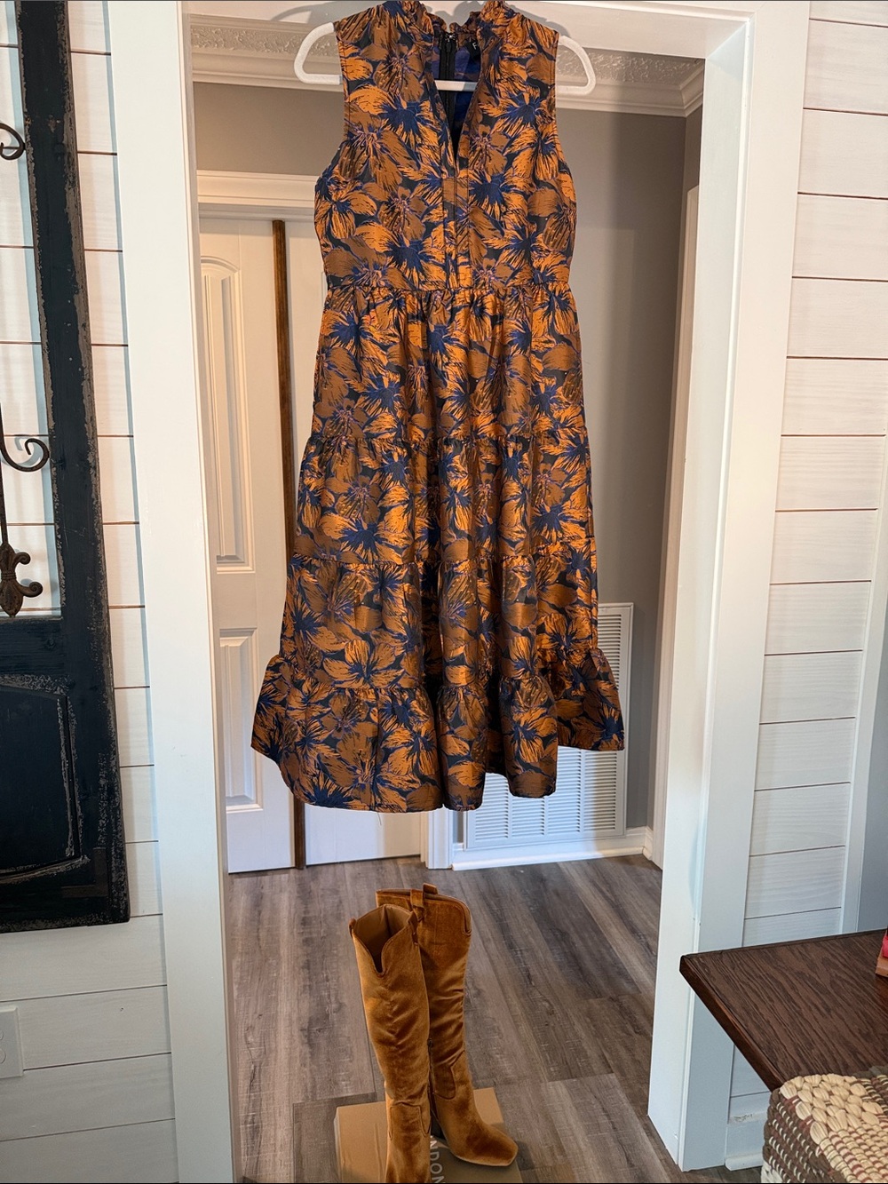 Fate Sleeveless Floral Midi Dress in Rust and Navy